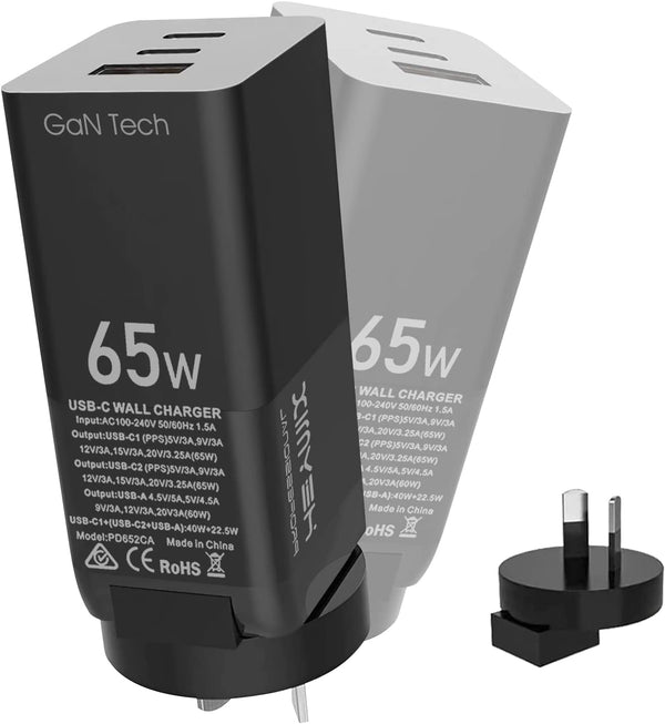 65W GaN USB-C Charger 2C1A, Travel Adapter Design